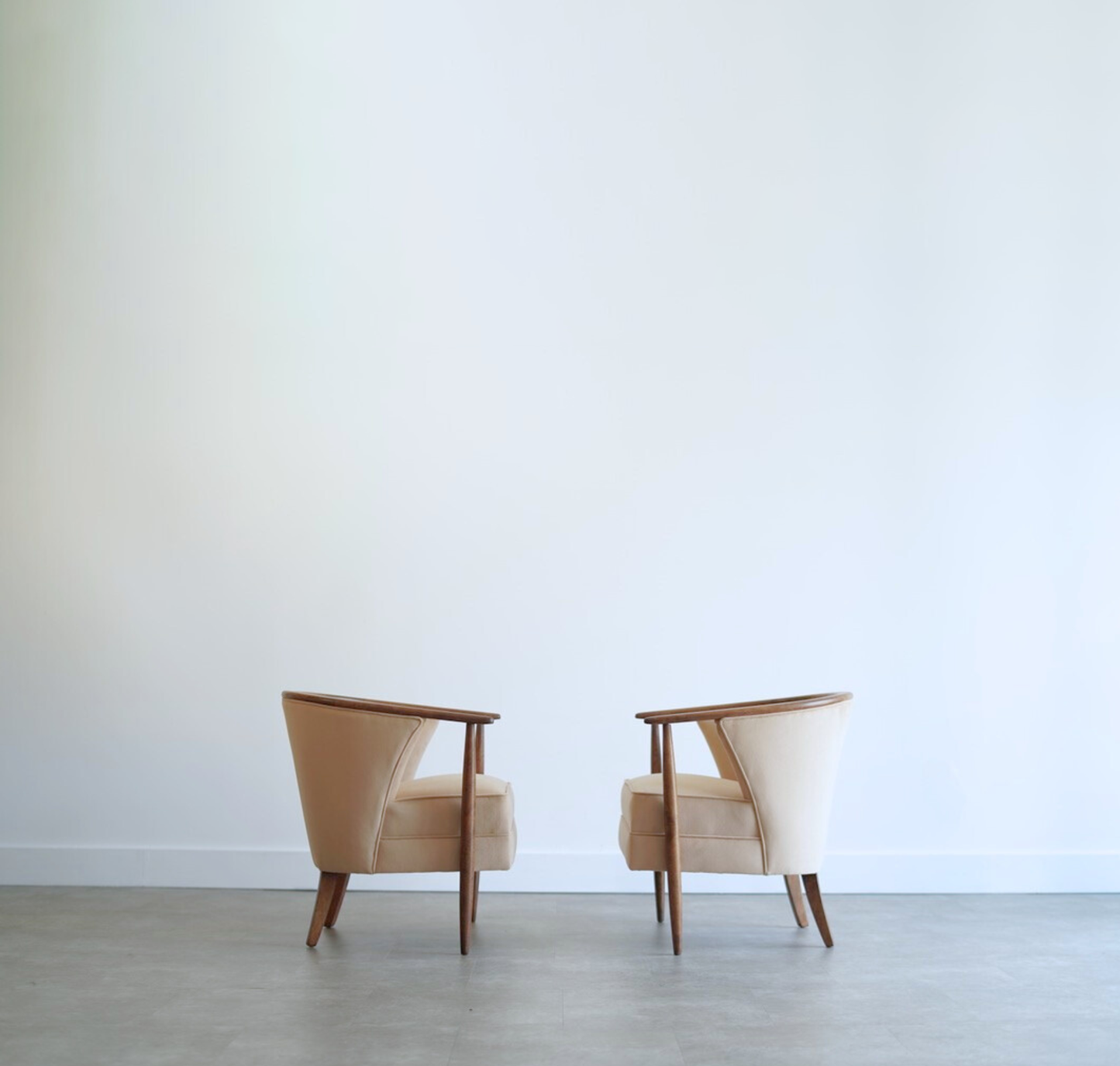 Set of Exposed Walnut Framework Barrel Lounge Chairs, C. 1950s