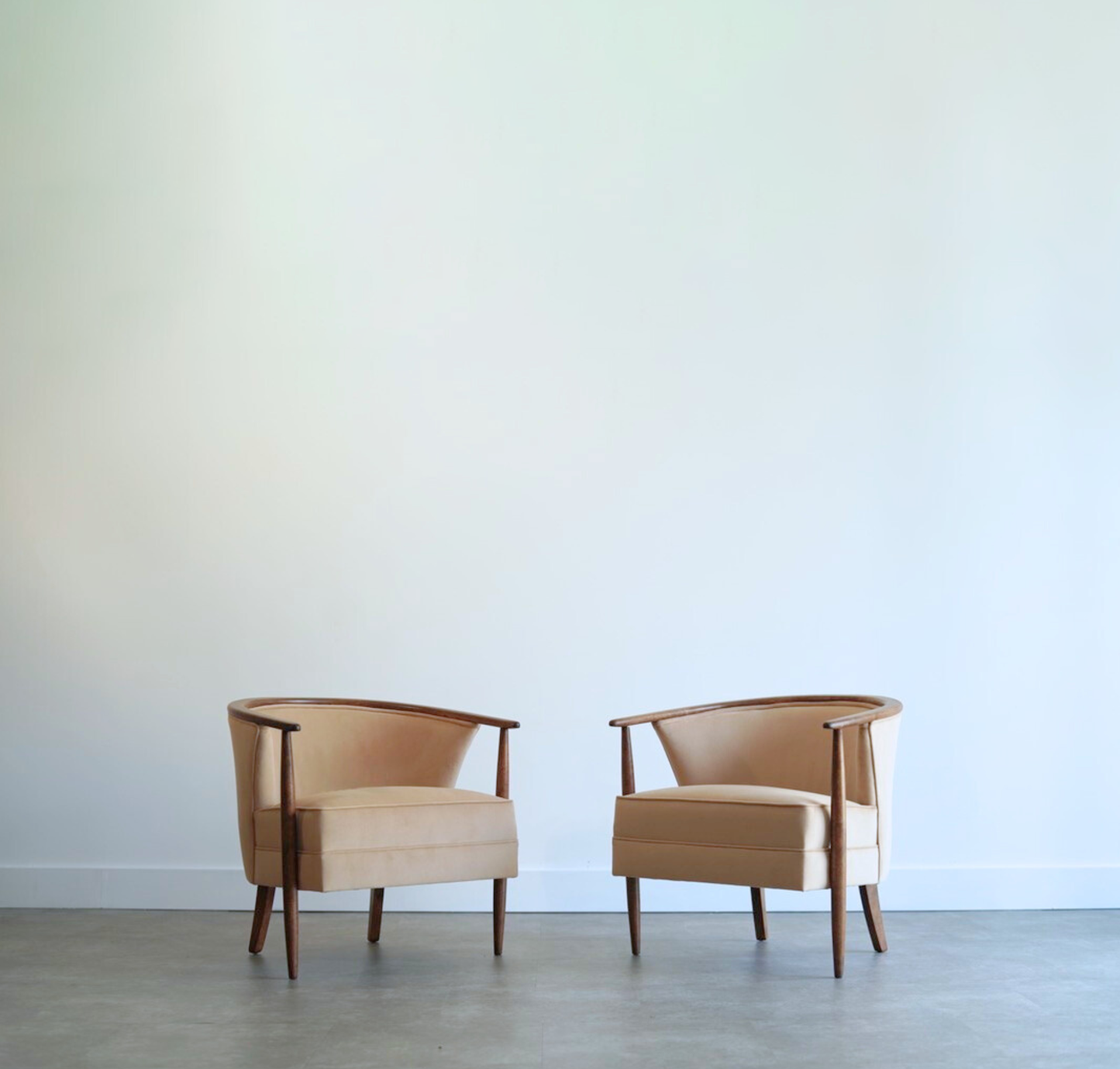 Set of Exposed Walnut Framework Barrel Lounge Chairs, C. 1950s
