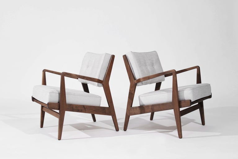 Walnut Lounge Chairs in Grey Linen, Model U430 for Risom, Inc. Circa, 1950s