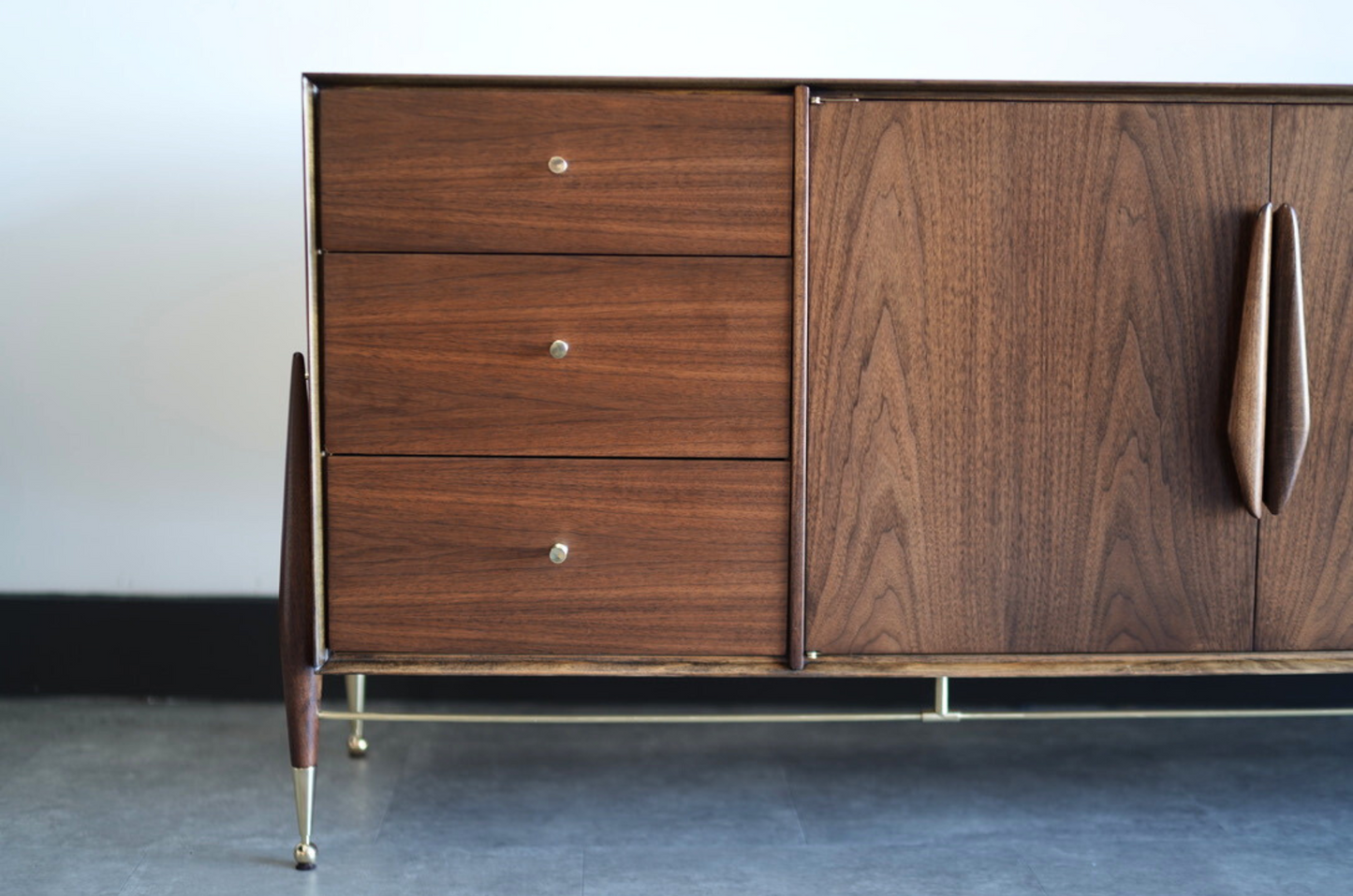 Walnut and Brass Credenza by Kent Coffey, C. 1950s