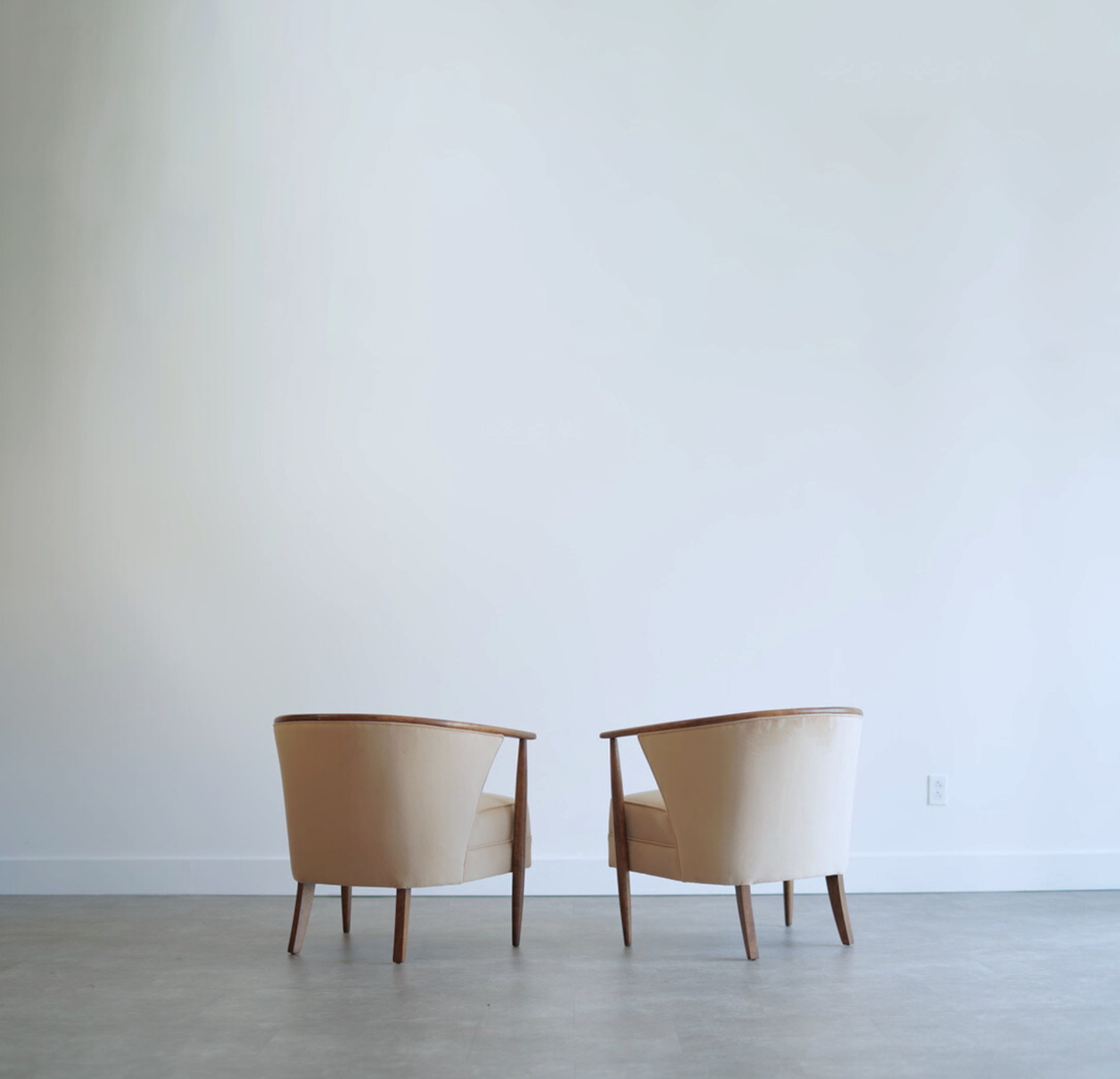 Set of Exposed Walnut Framework Barrel Lounge Chairs, C. 1950s