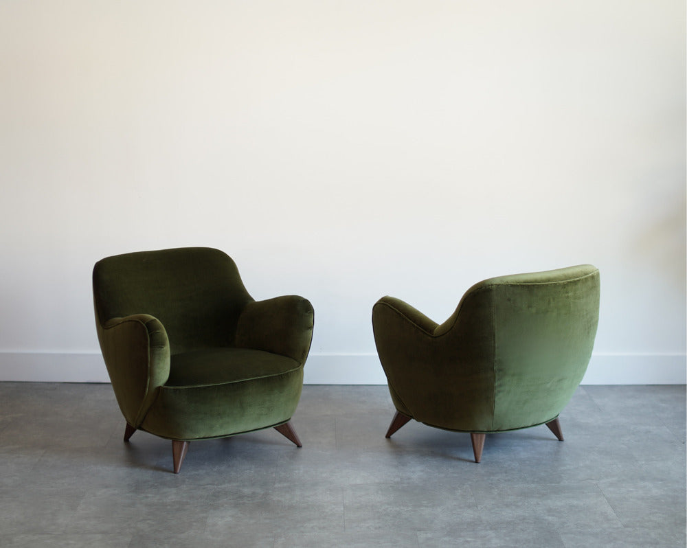 Vladimir Kagan Barrel Lounge Chairs in Olive Green Velvet and Walnut Legs