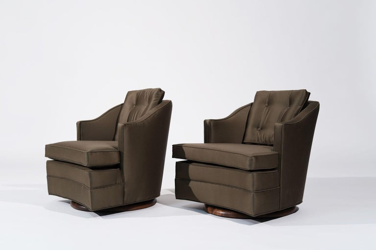 Set of Swivel Lounge Chairs in Olive Green Silk, C. 1950s