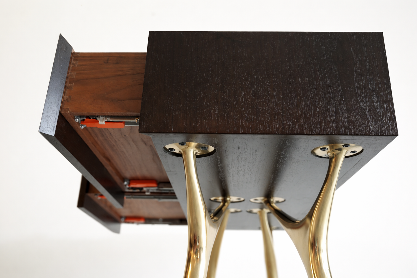 Crescent Console Table in Brass and Espresso Walnut