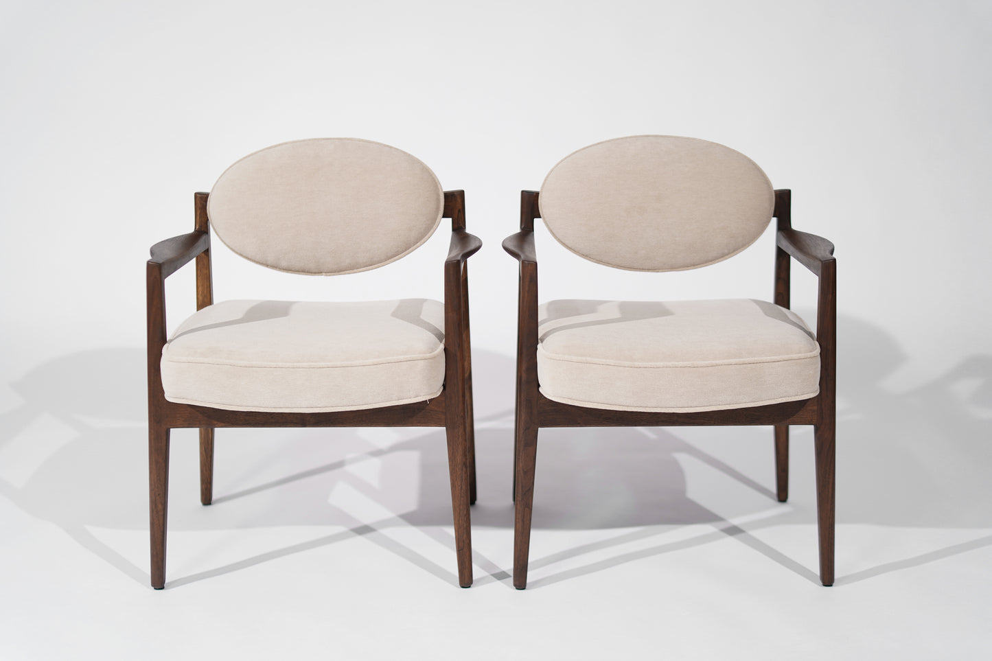 Jens Risom Walnut Armchairs in Natural Mohair, C. 1950s