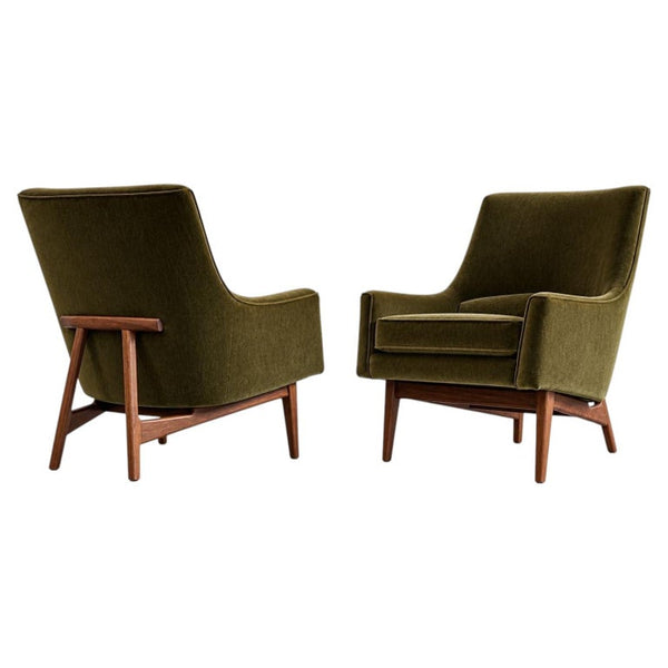 Lounge Chairs Model 2136 by Jens Risom in Velvet and Walnut, C. 1950s