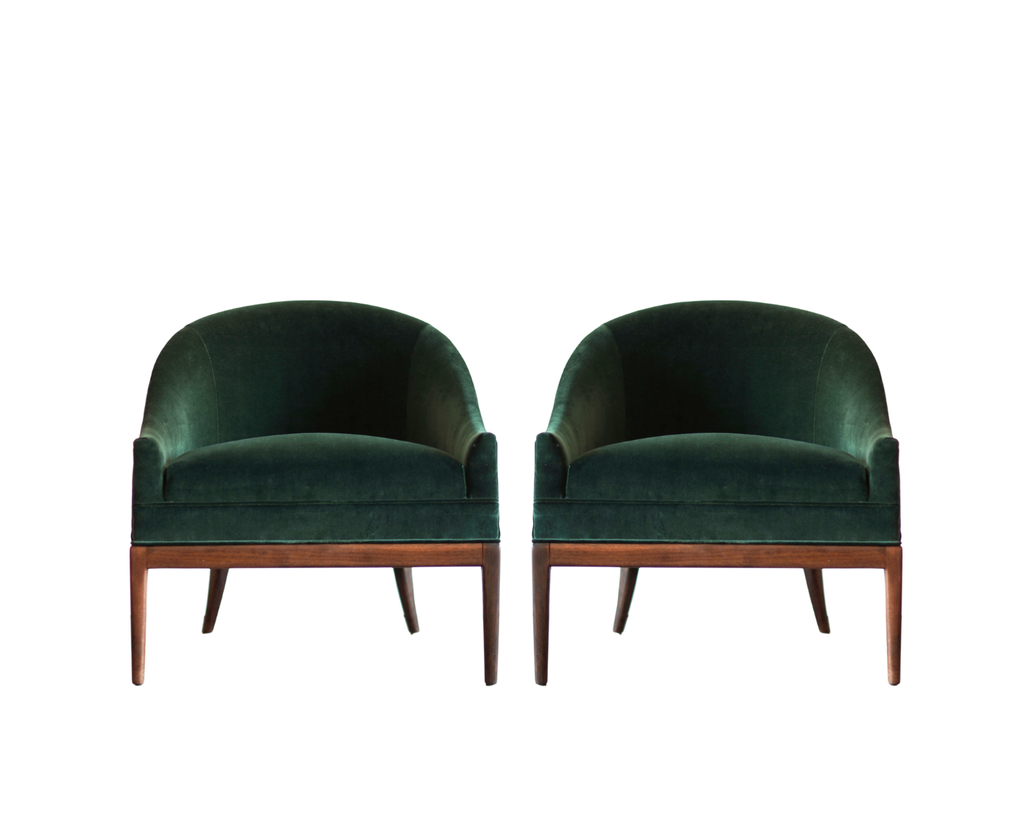 T.H. Robsjohn-Gibbings Style Lounge Chairs in Emerald Velvet, C. 1950s