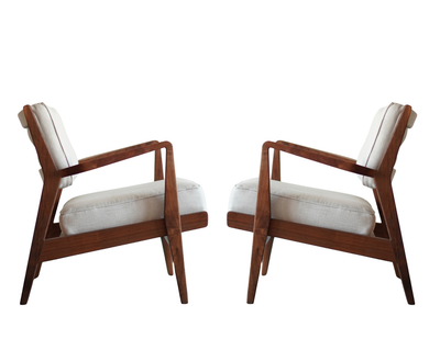 Walnut Lounge Chairs in Grey Linen by Jens Risom, Model U430, C. 1950s