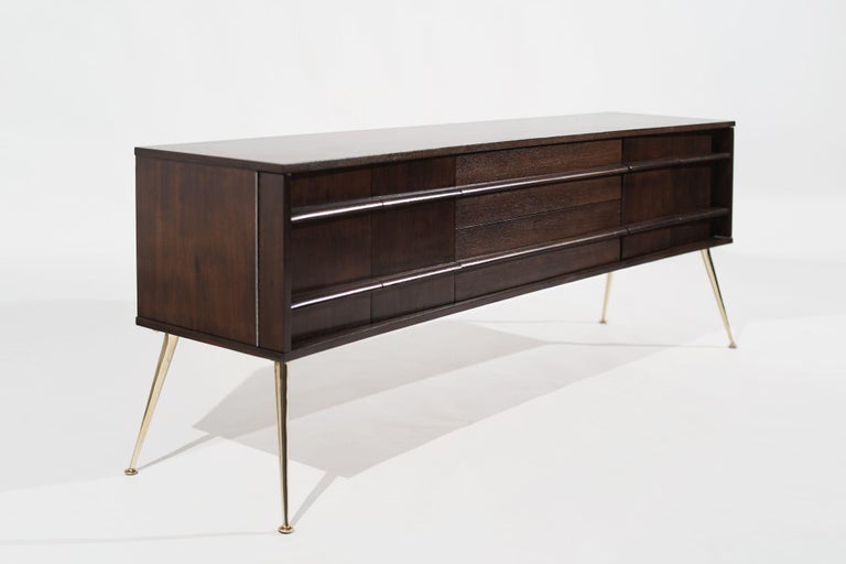 Mid Century Modern Walnut Credenza on Brass Legs, C. 1960s.