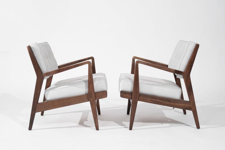 Walnut Lounge Chairs in Grey Linen, Model U430 for Risom, Inc. Circa, 1950s