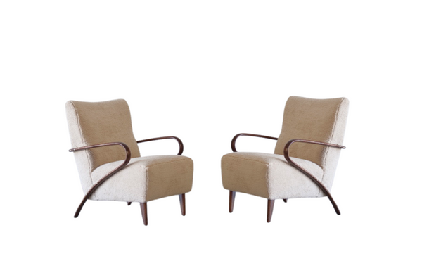 Sculpted Cherry Wood and Teddy Wool Lounge Chairs, Italy, C. 1950s