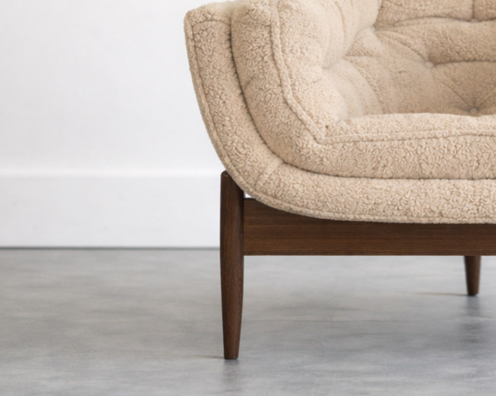 Set of MCM Sculptural Walnut Tripod Lounge Chairs in Bouclé, C. 1950s