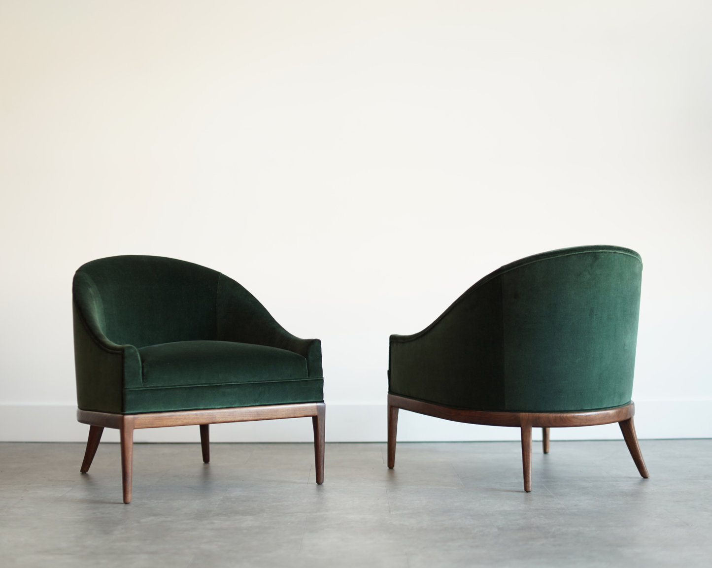 T.H. Robsjohn-Gibbings Style Lounge Chairs in Emerald Velvet, C. 1950s