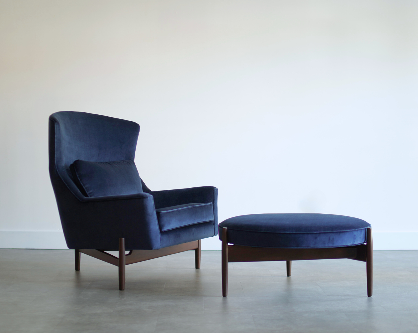 The Big Chair and Ottoman by Jens Risom in Navy Blue Velvet, C. 1950s