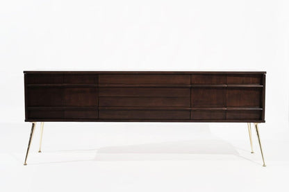 Mid Century Modern Walnut Credenza on Brass Legs, C. 1960s.