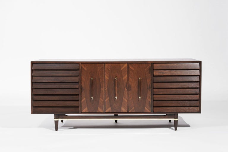 Mid Century Modern Credenza with Brass Accents, C. 1950s