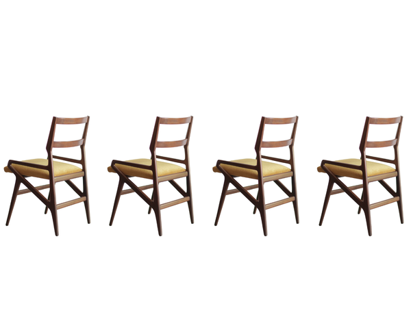 Set of Four Sculpted Walnut Dining Chairs, Italy, 1970s
