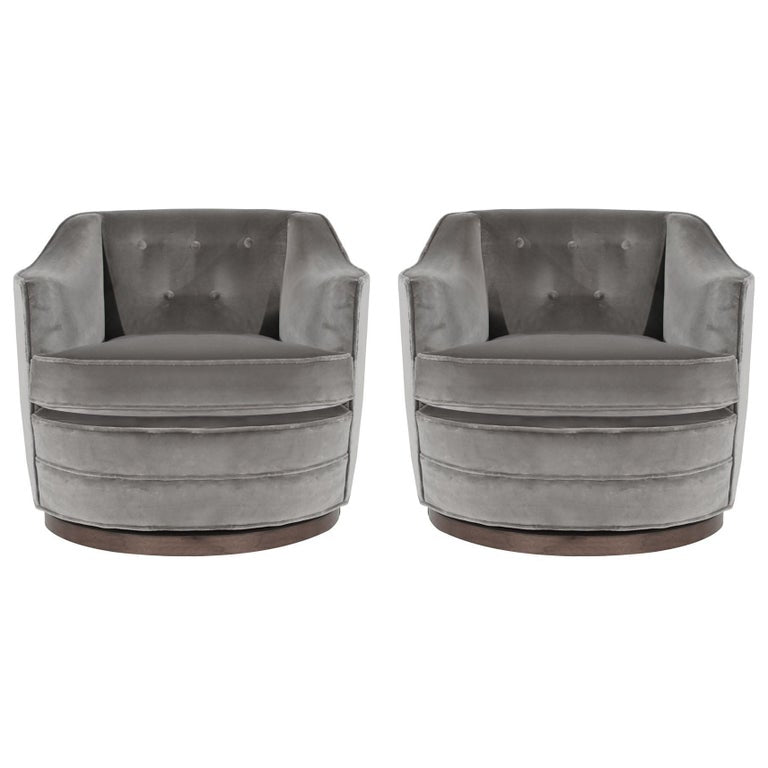 Edward Wormley for Dunbar Swivel Chairs in Grey Alpaca Velvet, C. 1950s