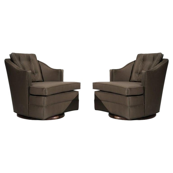 Set of Swivel Lounge Chairs in Olive Green Silk, C. 1950s