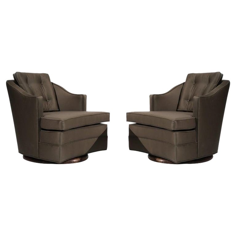 Set of Swivel Lounge Chairs in Olive Green Silk, C. 1950s