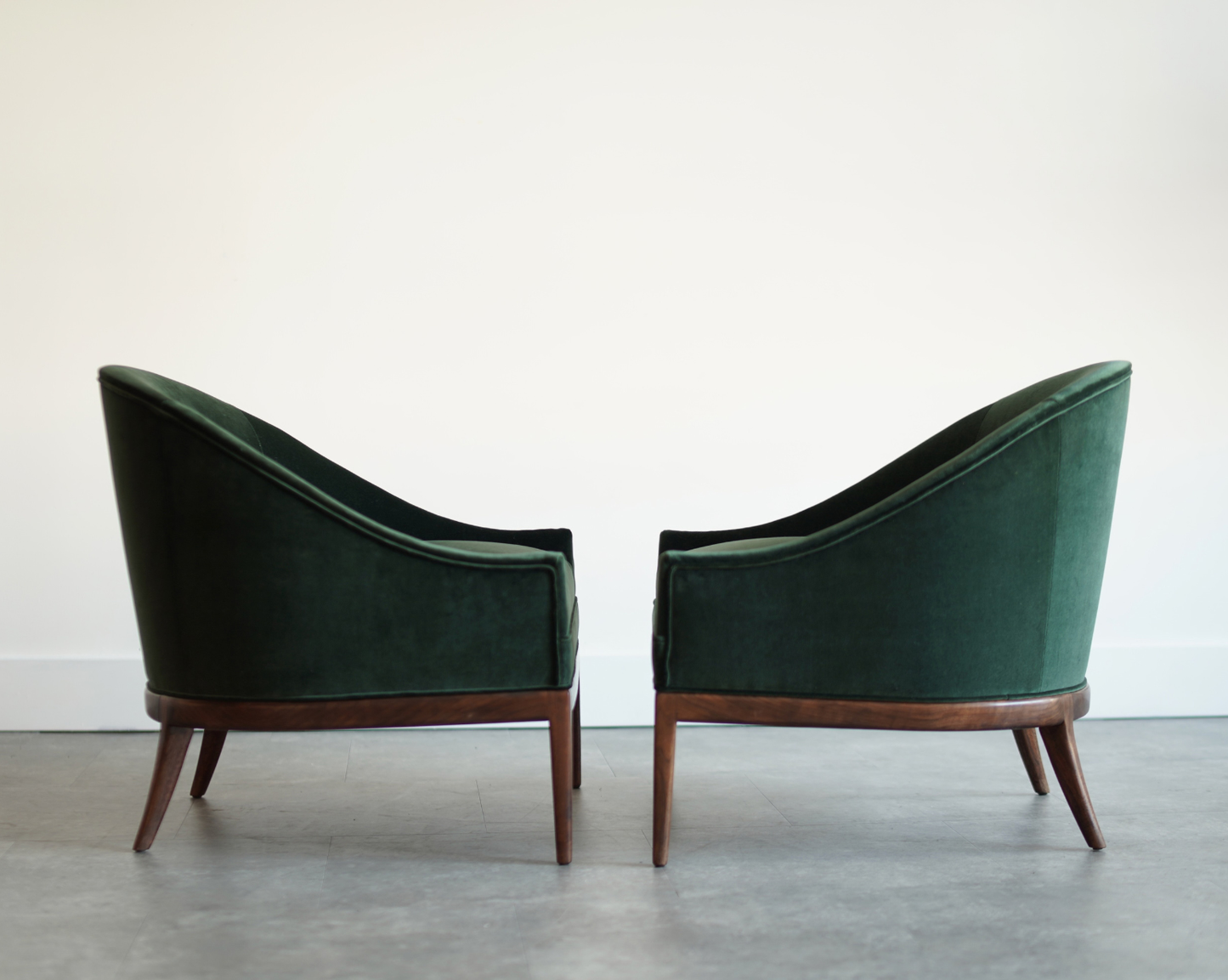 T.H. Robsjohn-Gibbings Style Lounge Chairs in Emerald Velvet, C. 1950s