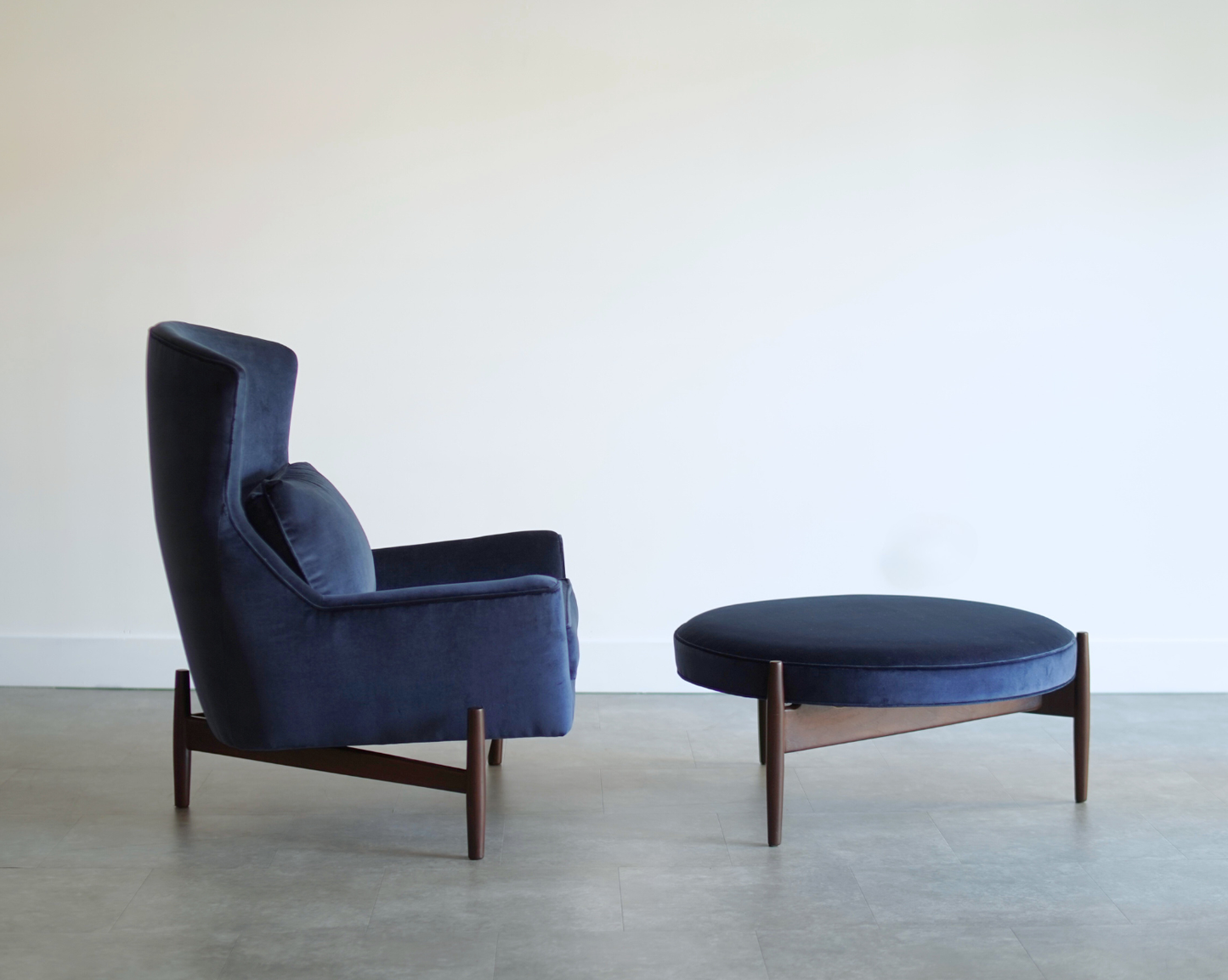The Big Chair and Ottoman by Jens Risom in Navy Blue Velvet, C. 1950s
