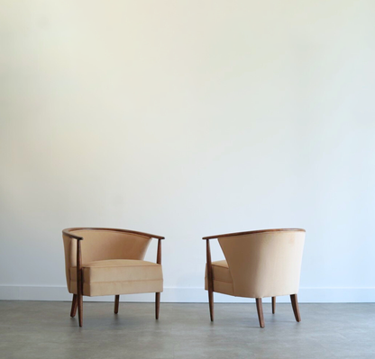 Set of Exposed Walnut Framework Barrel Lounge Chairs, C. 1950s