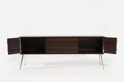 Mid Century Modern Walnut Credenza on Brass Legs, C. 1960s.