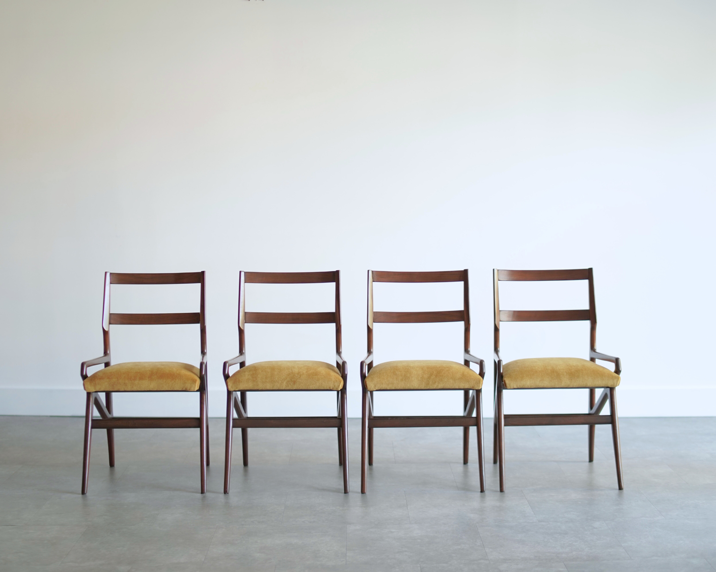 Set of Four Sculpted Walnut Dining Chairs, Italy, 1970s