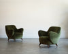 Vladimir Kagan Barrel Lounge Chairs in Olive Green Velvet and Walnut Legs