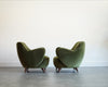 Vladimir Kagan Barrel Lounge Chairs in Olive Green Velvet and Walnut Legs