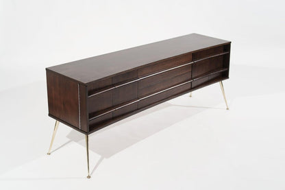 Mid Century Modern Walnut Credenza on Brass Legs, C. 1960s.