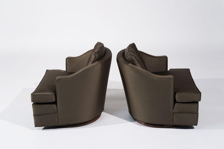 Set of Swivel Lounge Chairs in Olive Green Silk, C. 1950s