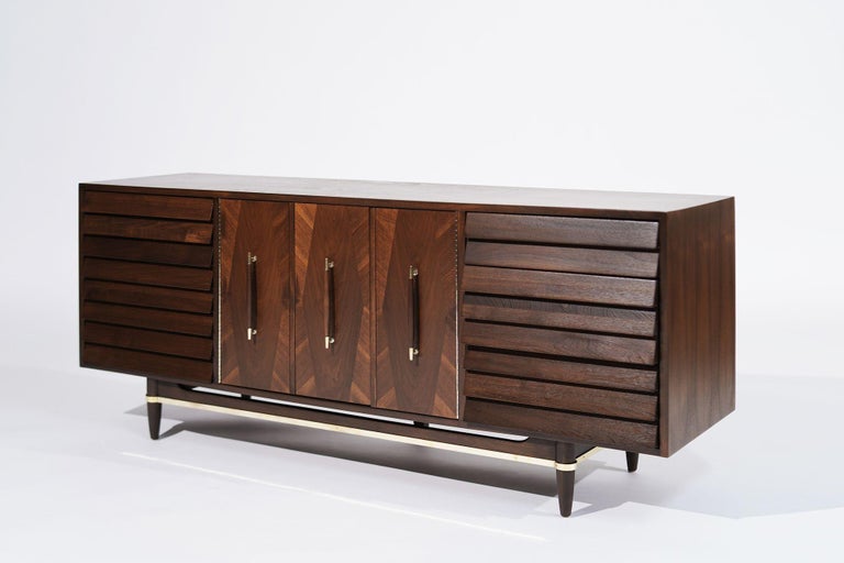 Mid Century Modern Credenza with Brass Accents, C. 1950s