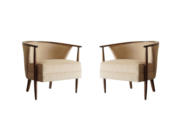 Set of Exposed Walnut Framework Barrel Lounge Chairs, C. 1950s