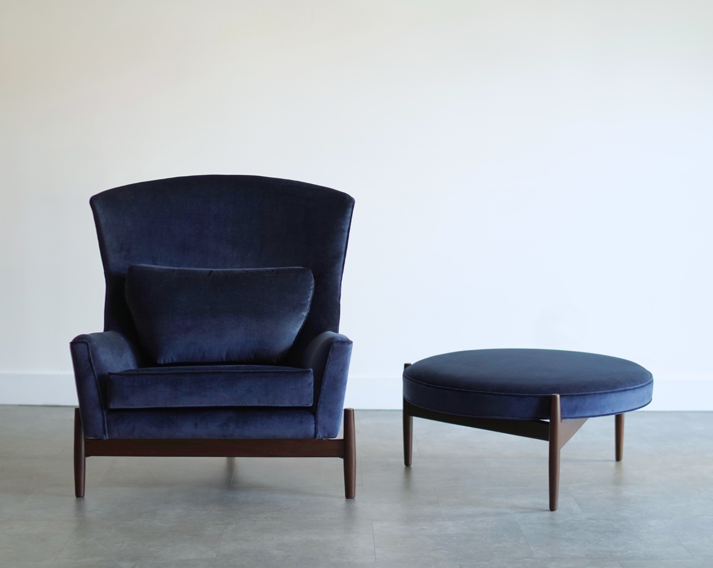The Big Chair and Ottoman by Jens Risom in Navy Blue Velvet, C. 1950s
