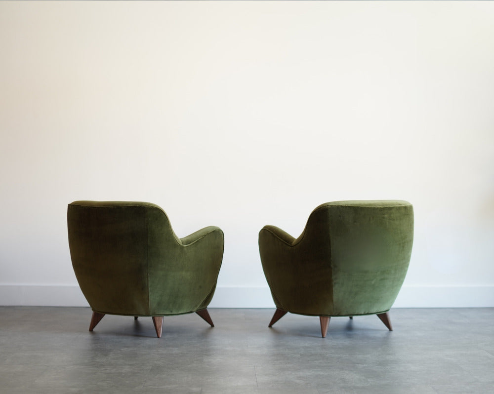 Vladimir Kagan Barrel Lounge Chairs in Olive Green Velvet and Walnut Legs