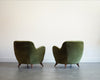 Vladimir Kagan Barrel Lounge Chairs in Olive Green Velvet and Walnut Legs