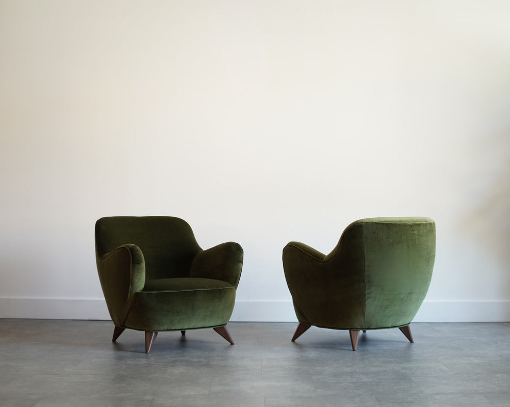 Vladimir Kagan Barrel Lounge Chairs in Olive Green Velvet and Walnut Legs