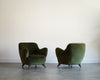 Vladimir Kagan Barrel Lounge Chairs in Olive Green Velvet and Walnut Legs