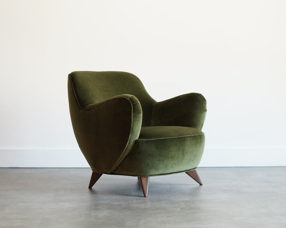 Vladimir Kagan Barrel Lounge Chairs in Olive Green Velvet and Walnut Legs