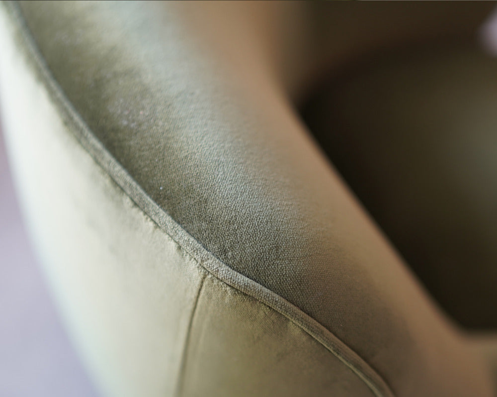 Vladimir Kagan Barrel Lounge Chairs in Olive Green Velvet and Walnut Legs