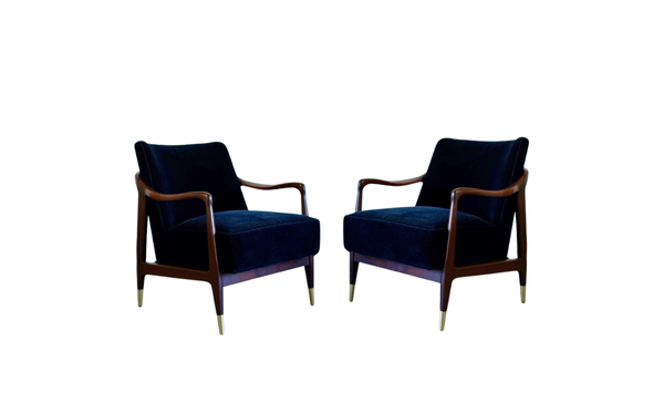 Set of Sculptural Walnut Lounge Chairs in Mohair, C. 1950s