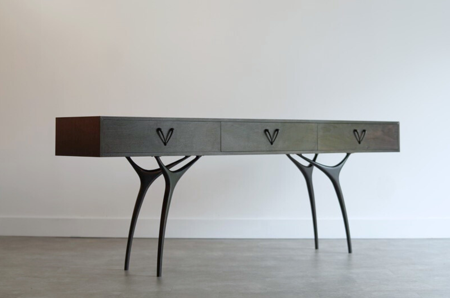 Crescent Console Table in Dark Walnut and Bronze