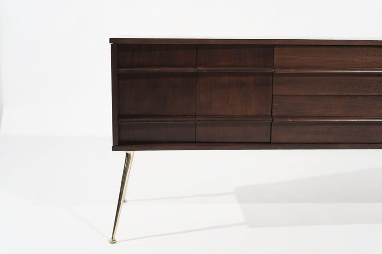 Mid Century Modern Walnut Credenza on Brass Legs, C. 1960s.