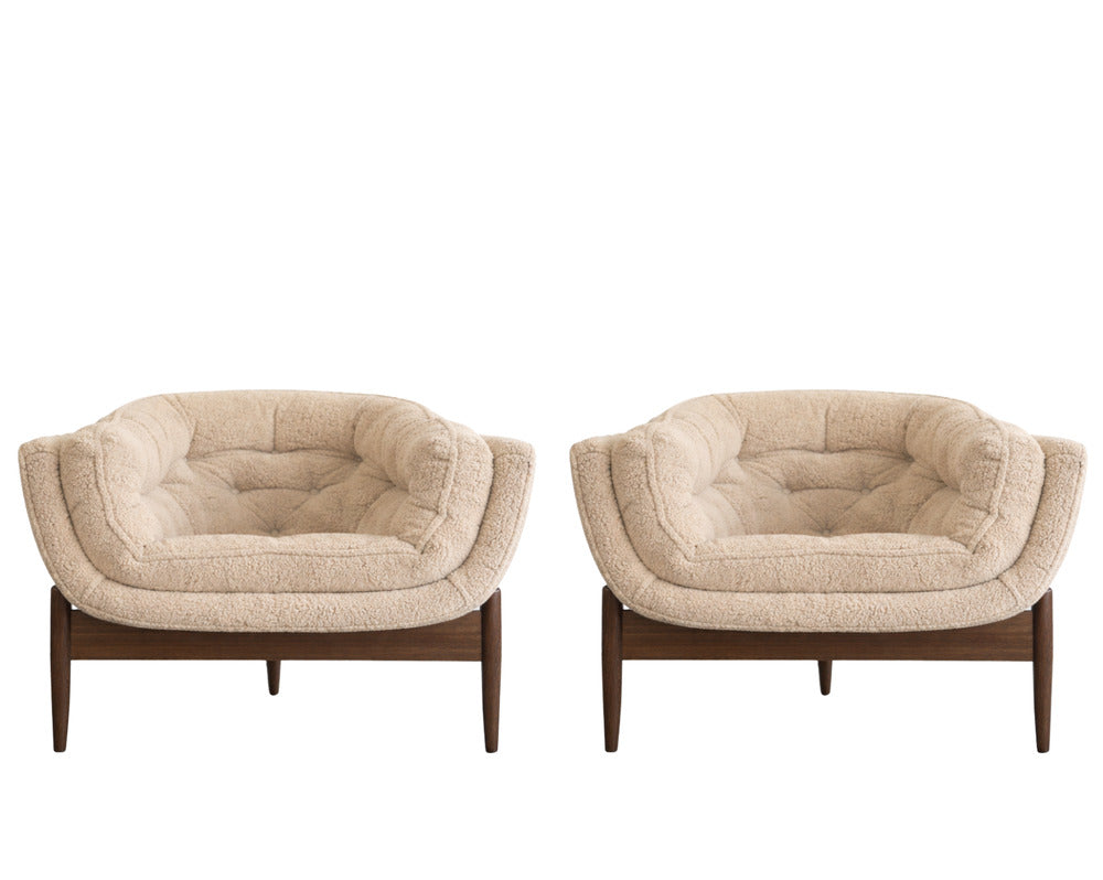 Set of MCM Sculptural Walnut Tripod Lounge Chairs in Bouclé, C. 1950s