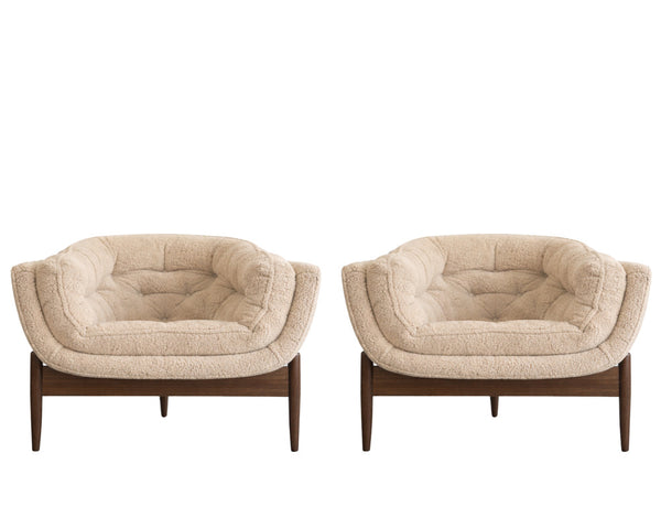 Set of MCM Sculptural Walnut Tripod Lounge Chairs in Bouclé, C. 1950s