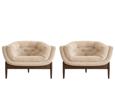 Set of MCM Sculptural Walnut Tripod Lounge Chairs in Bouclé, C. 1950s