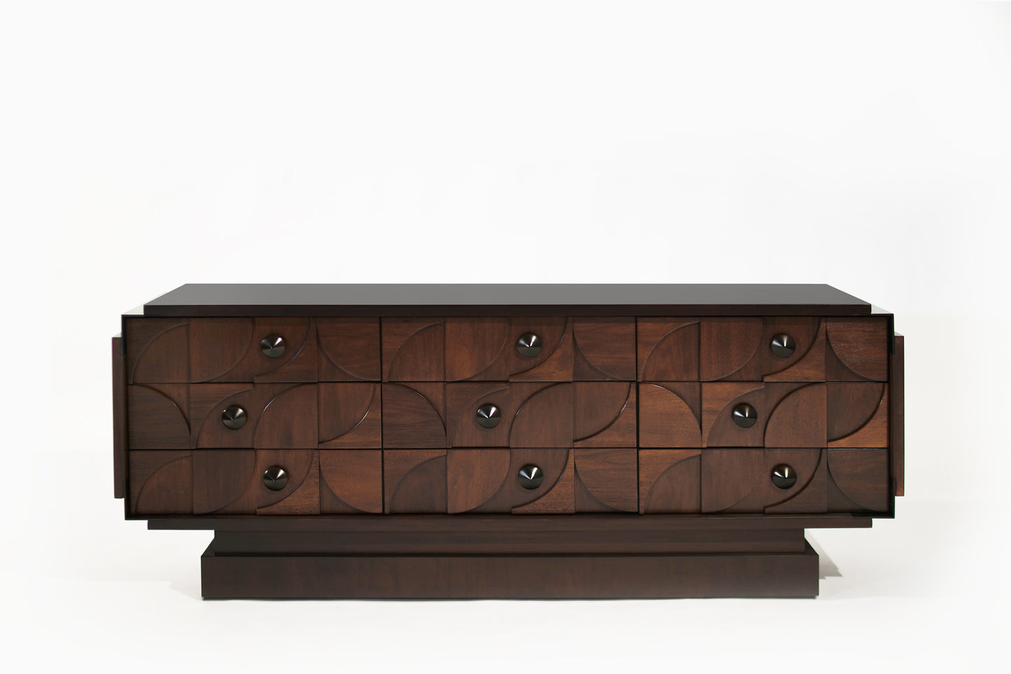 Brutalist Sculptural Walnut Dresser with ORB Accent Corners and Hardware, C. 1970s