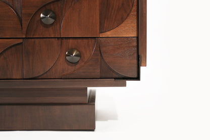 Brutalist Sculptural Walnut Dresser with ORB Accent Corners and Hardware, C. 1970s